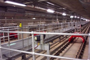 Westfield Shepherds Bush – Wood Lane Sidings. New slab track underground, signalled 16 road Wood lane sidings with maintenance accommodation (After)